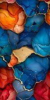 Abstract fluid art with deep blue, orange and red alcohol ink patterns divided by golden lines. Marble effect with sparkles for luxury wall decor.