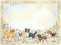 Watercolor dog breeds border frame with golden retriever, border collie, dalmatian, beagle, dachshund and pug on cream background for pet lover designs.