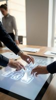 Business professionals collaborating on interactive touchscreen display with digital interface icons in modern office environment for teamwork presentations.