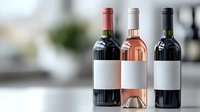 Three wine bottles with blank labels arranged and red wines in classic shapes with natural lighting and soft background blur.