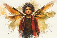 Young boy with butterfly wings wearing red jacket and brown shirt against golden watercolor background, artistic fantasy portrait in warm autumn tones and loose brushstroke style.