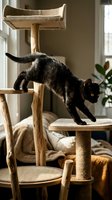 Black cat stretching on multi-level wooden cat tree with beige fabric platforms and sisal rope scratching posts in bright home interior with windows and potted plant.