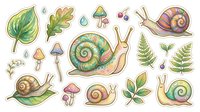 Isolated garden snails with shells, mushrooms, ferns and leaves on white background. Hand-drawn botanical elements for clipart, t-shirt design, stickers and craft projects.