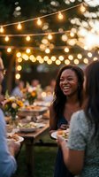 Happy African American woman laughing at outdoor dinner party with string lights and friends enjoying evening meal together in backyard garden setting.