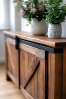Modern farmhouse style wooden cabinet with sliding barn door hardware and decorative potted plant in ceramic vase, showcasing rustic interior design elements.