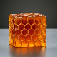 Golden honeycomb cube with hexagonal cells glowing against dark background, organic geometric pattern for natural food and wellness design concepts.