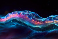 Glowing neon wave with flowing particles and vibrant blue, pink, and purple light effects on dark background for digital art and design projects.