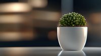 Small green succulent plant in minimalist white ceramic pot against dark blurred background with soft lighting, modern home decor and interior design element.