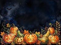 Carved jack-o-lantern pumpkins with glowing faces arranged on dark starry night background with autumn leaves and decorative swirls, ideal for seasonal and holiday designs.
