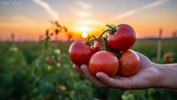 Fresh ripe red tomatoes in farmer hand at sunset in agricultural field. Organic vegetable harvest concept for healthy eating and sustainable farming.