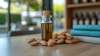 Small glass bottle with cork stopper containing golden almond oil surrounded by raw almonds on wooden surface with spa towels in wellness setting.