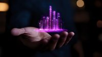 Glowing purple holographic cityscape floating above open palm against dark background, futuristic technology concept showing modern skyscrapers and urban development.