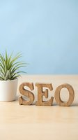 Wooden SEO letters on a light desk beside a green potted plant against a soft blue background, symbolizing search engine optimization strategy.