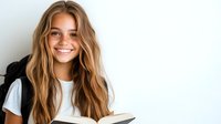 Young Caucasian woman with long wavy brown hair smiling while reading book against white wall. Natural daylight illuminates casual student portrait for education concepts.