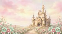 Fairy tale castle with ornate floral border on pastel background for princess themed designs and fantasy storytelling projects.