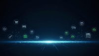 Digital technology network with glowing icons floating above futuristic grid horizon on dark blue background for business presentations.