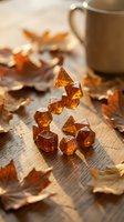 Amber polyhedral dice floating above wooden table with autumn leaves and coffee mug creating cozy tabletop gaming atmosphere for role-playing adventures.