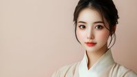 Young Asian woman wearing traditional cream colored kimono with elegant updo hairstyle and red lipstick against neutral background, soft studio lighting creates gentle portrait.
