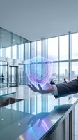 Businessman holding glowing digital shield with circuit pattern in modern office with city skyline view, representing cybersecurity, data protection, and network security solutions for enterprise.