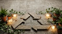 Wooden recycling symbol with glowing lights and green plants on rustic background for environmental awareness campaigns and sustainability projects.