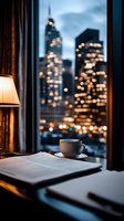 Coffee cup and newspaper on windowsill overlooking illuminated city skyline at dusk. Cozy indoor scene with warm lamp light and urban bokeh lights.