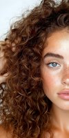 Close up portrait of young woman with natural freckles, bright blue eyes and voluminous curly brown hair against white background, fresh natural makeup look.