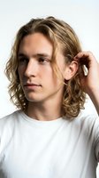 Young man with shoulder-length wavy blonde hair, fair complexion, and Caucasian ethnicity wearing white t-shirt, touching hair in casual pose for lifestyle and fashion content.