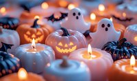 Festive Halloween decorations with glowing pumpkin candles, cute ghost figures, and flying bats creating magical autumn atmosphere for seasonal celebrations.