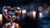 Crystal heart on dark reflective surface with soft bokeh lights in background, romantic mood lighting creates magical atmosphere for valentines and love concepts.