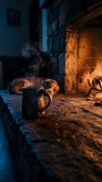Steaming ceramic mug on rustic stone hearth with glowing fireplace and sleeping dog in warm cozy winter evening atmosphere.