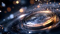 Glowing cryptocurrency coin with sparkles and bokeh effects in dark background, digital money concept with dramatic lighting and motion blur effects.