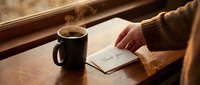 Caucasian woman hand placing a thank you card on a wooden table beside a steaming coffee mug near a rainy window in warm cozy setting.