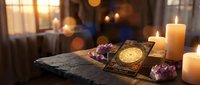 Mystical tarot cards with crystals and candles on dark wooden table creating atmospheric fortune telling scene for spiritual guidance and divination practices.