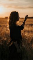 Young woman with curly hair dancing freely in golden wheat field at sunset, silhouette against warm sky, carefree lifestyle and connection with nature.