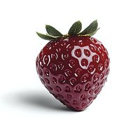 Fresh ripe strawberry with green leaves isolated on white background, detailed texture and natural appearance for food and beverage marketing.