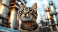 Curious tabby cat against industrial background with oil refinery towers and pipes, dramatic lighting creates atmospheric mood. Feline portrait shows alertness.