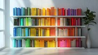 Colorful books arranged by rainbow spectrum on white shelves against wall with window light and decorative plant in modern minimalist interior setting.