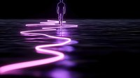 Silhouette figure standing on glowing neon pink light path over dark reflective surface, creating futuristic supernatural atmosphere with purple illumination effects.