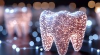 Digital wireframe tooth model with glowing network connections and bokeh light effects on dark background, representing dental technology and healthcare innovation.