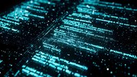 Glowing cyan code streams flowing across dark digital surface with bokeh light effects for technology and programming backgrounds.