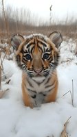 Young tiger cub with bright blue eyes standing in fresh white snow, close-up portrait view showing detailed facial features and striped orange fur pattern.