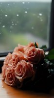 Fresh pink roses with water droplets on wooden surface near rainy window creating romantic atmosphere for Valentine's Day or anniversary celebrations.
