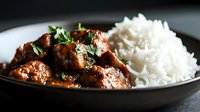 Savory glazed meatballs with fresh herbs served alongside fluffy white rice on dark plate, comfort food meal ready for dinner service.