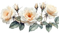Delicate peach and cream roses with buds and sage green leaves arranged in horizontal composition on white background, watercolor style botanical art.