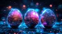 Glowing digital eggs with circuit patterns in neon pink and blue colors on dark background with bokeh lights, futuristic easter concept for technology themes.