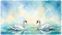 Two white swans facing each other on calm turquoise water under soft cloudy sky, watercolor style illustration for nature and wildlife design projects.