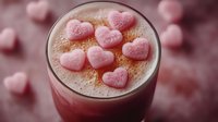 Pink heart-shaped candies floating on creamy coffee foam in glass mug, romantic Valentine's Day hot beverage with sweet decorative treats and cinnamon.