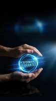 Male hands protecting glowing performance guarantee badge with blue energy effects on dark background for business and quality assurance concepts.