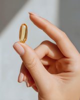Female hand holding transparent yellow vitamin or supplement capsule against light neutral background, showcasing healthy lifestyle and wellness concept.