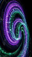 Digital spiral vortex with purple and green neon lights creating futuristic cyber tunnel effect on black background for technology designs.
